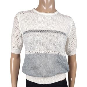Vintage 90s Alia Open Knit Sweater Womens Size Medium White Gray Short Sleeve